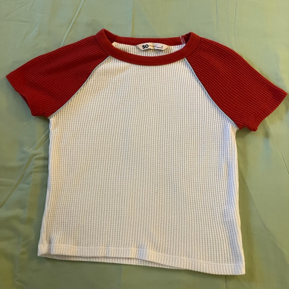 SO Red and White Cropped Waffle Knit Shirt - Picture 2 of 4